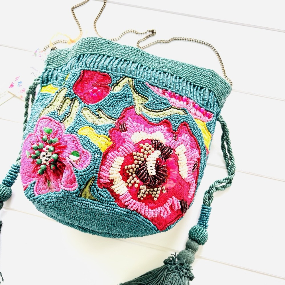 TikTok Viral India Beaded Bucket Bag Floral Embroidered Tassels Teal Crossbody - Picture 3 of 11